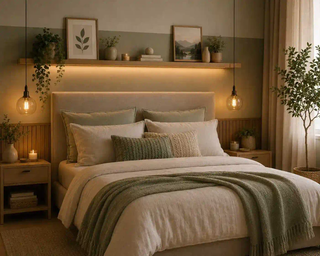 Quarto aconchegante com decoração moderna e plantas.