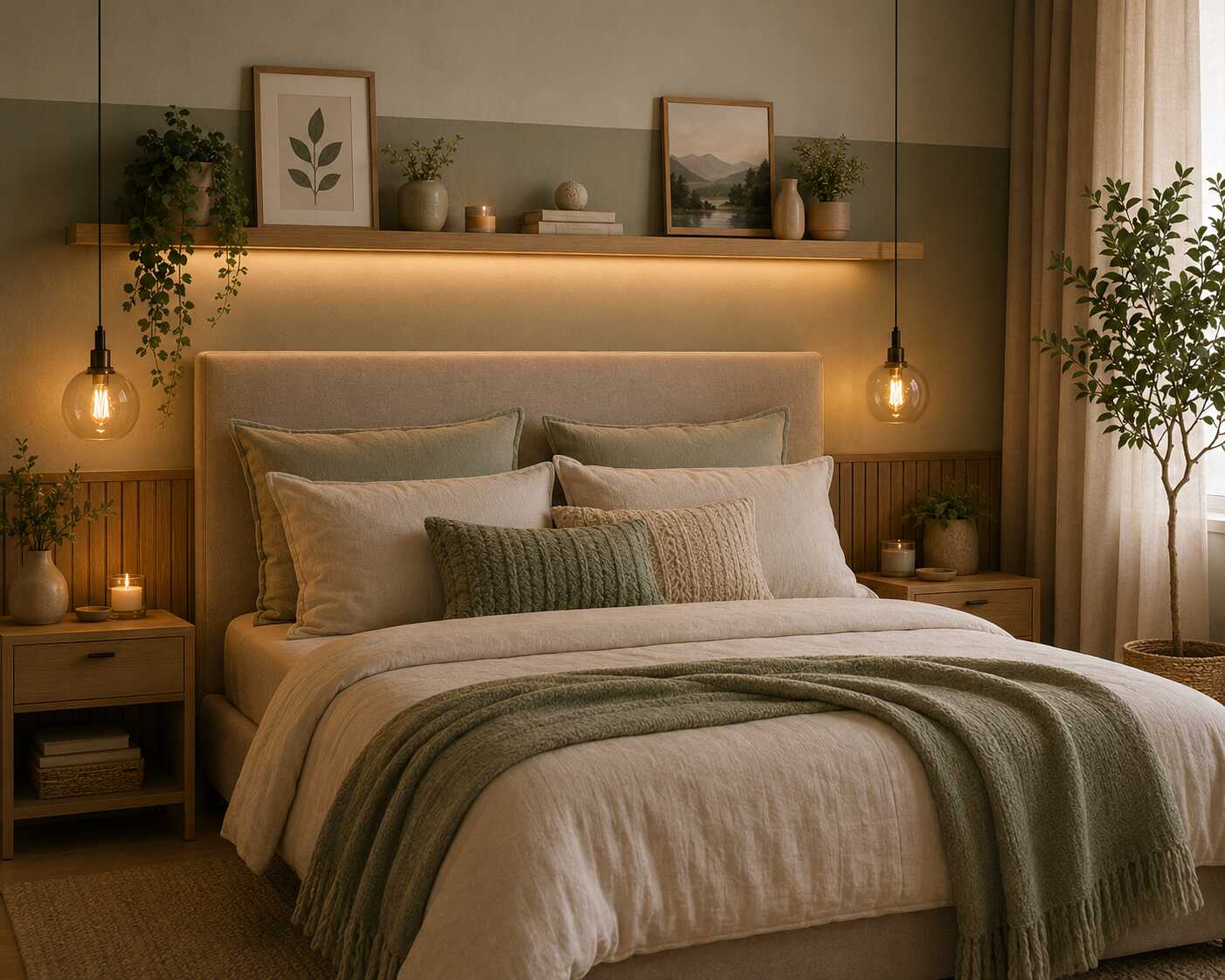 Quarto aconchegante com decoração moderna e plantas.