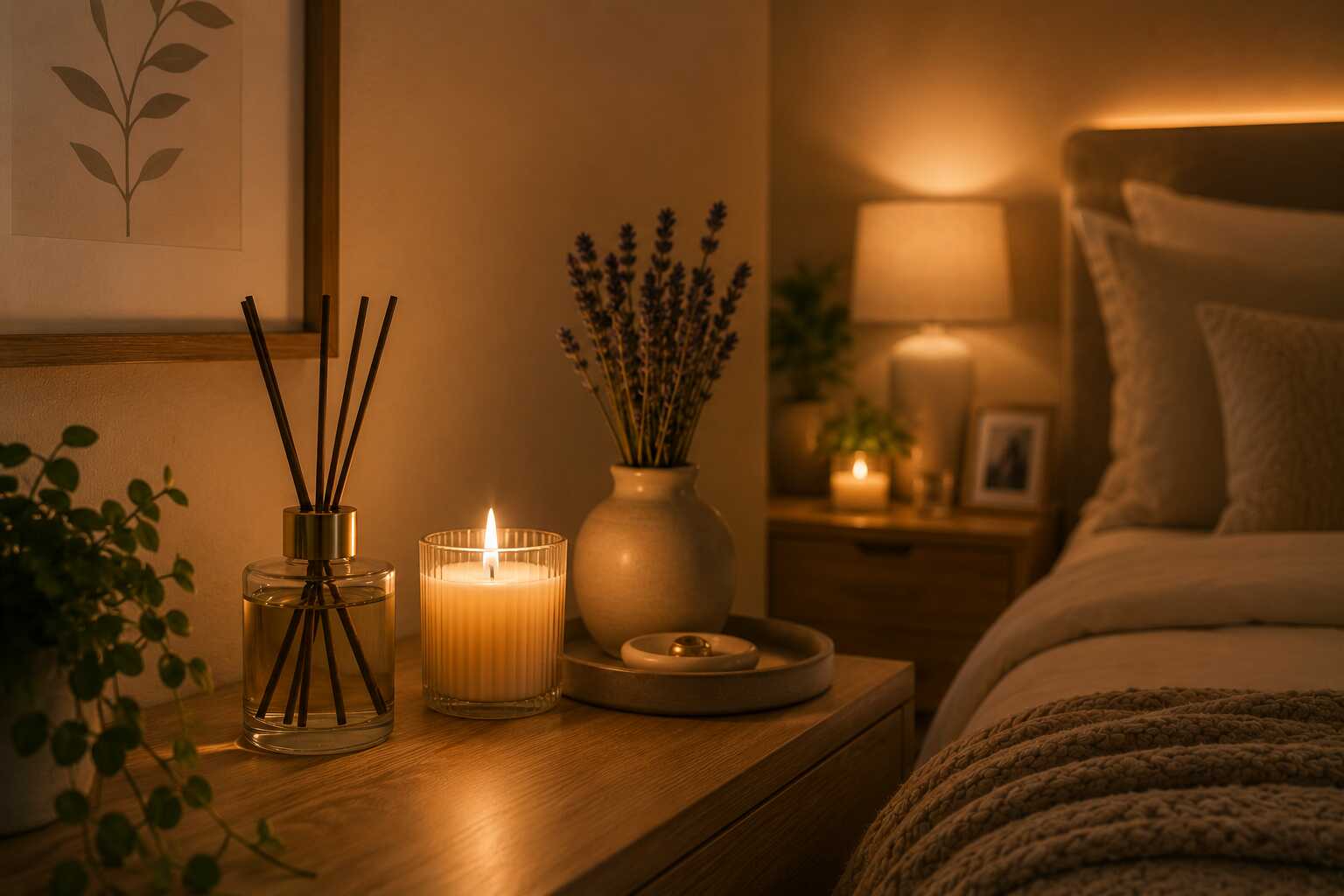 Quarto aconchegante com velas e flores secas