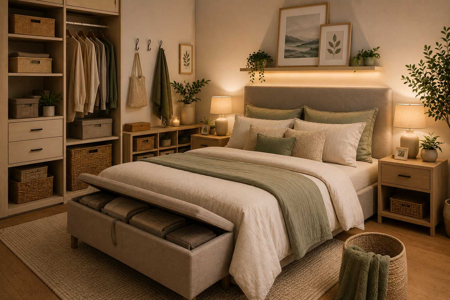 Quarto moderno com cama e decoração aconchegante