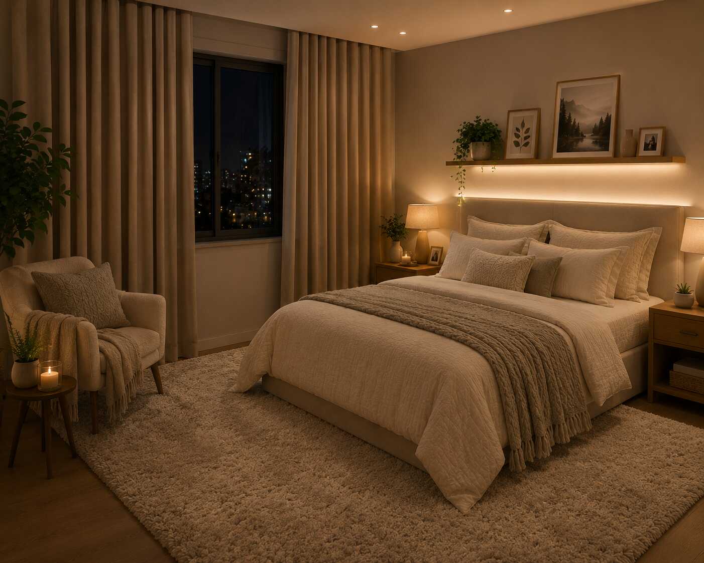 Quarto moderno e aconchegante com iluminação suave