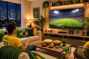 Torcedor assiste jogo do Brasil em casa decorada