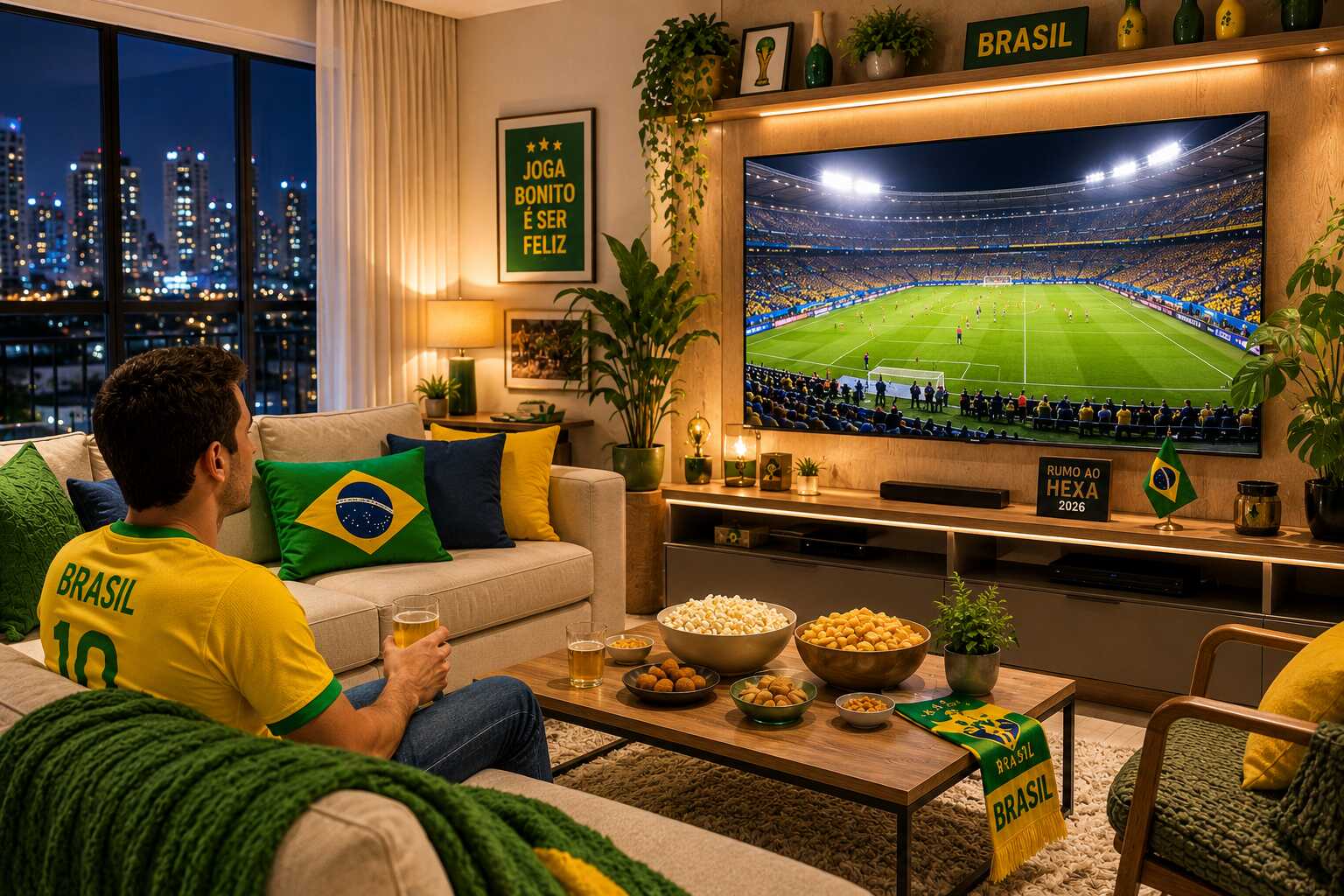 Torcedor assiste jogo do Brasil em casa decorada