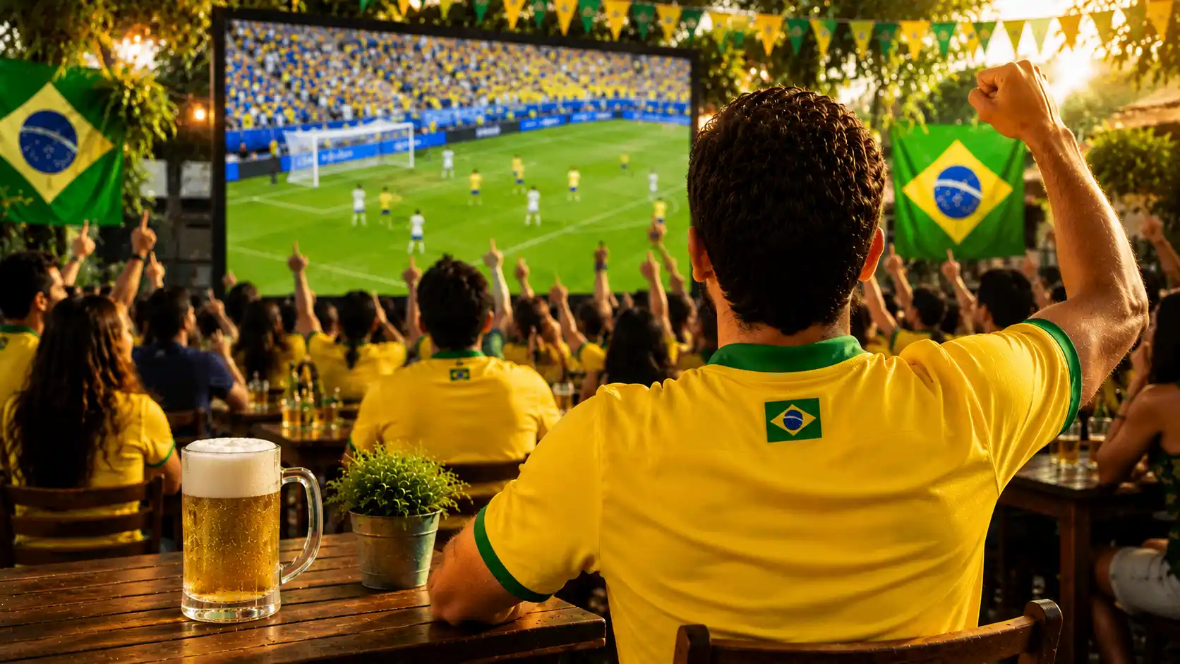 Torcedor de costas com camisa amarela celebra gol vendo jogo do Brasil em grande telão externo com caneca de chopp.