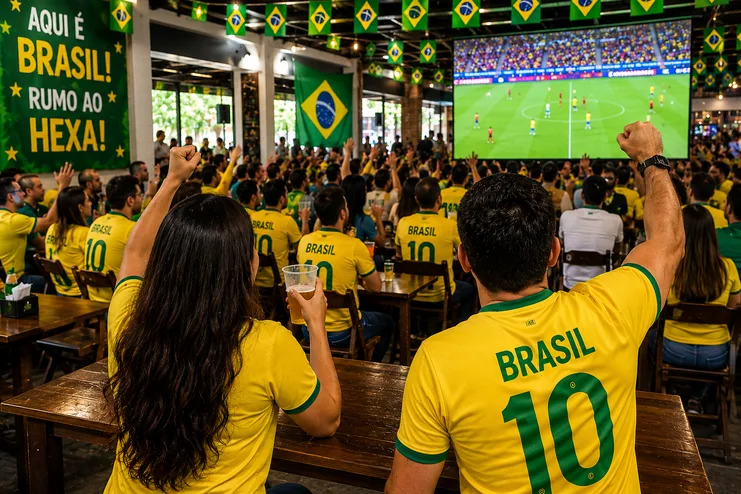Torcedores de costas com camisa do Brasil assistem a jogo de futebol em telão de bar decorado com bandeirinhas.