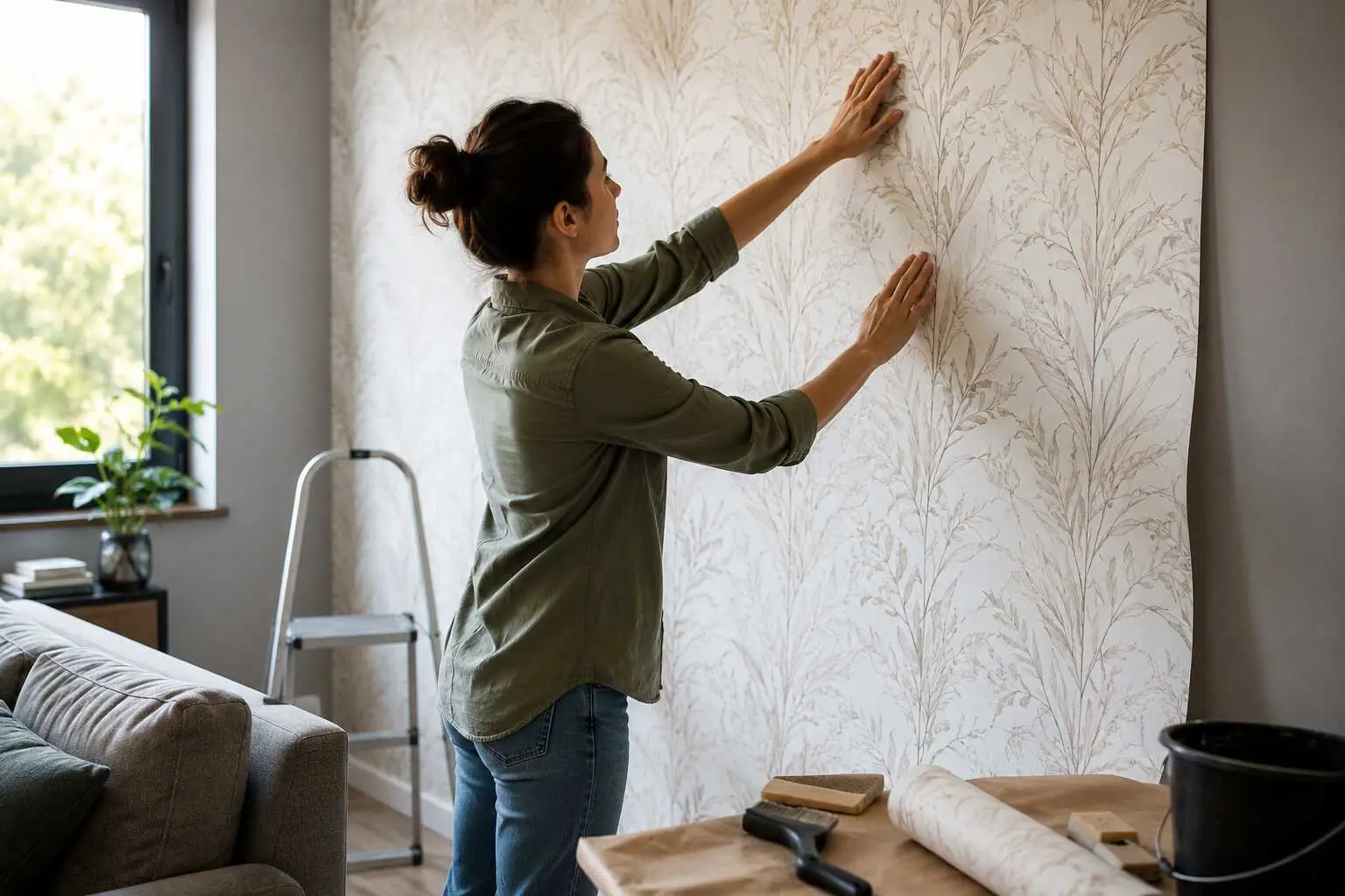Mulher aplicando papel de parede em sala de estar.