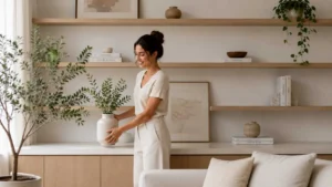 Mulher arrangando vaso em sala de estar moderna.