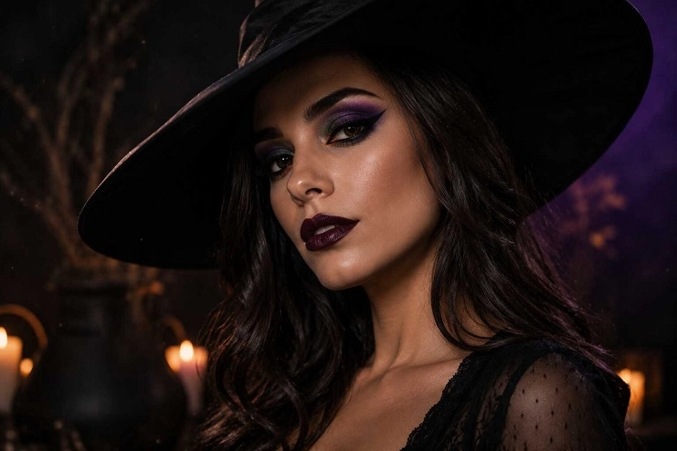 Mulher com chapéu preto de bruxa grande e maquiagem roxa escura nos olhos e batom vinho.
