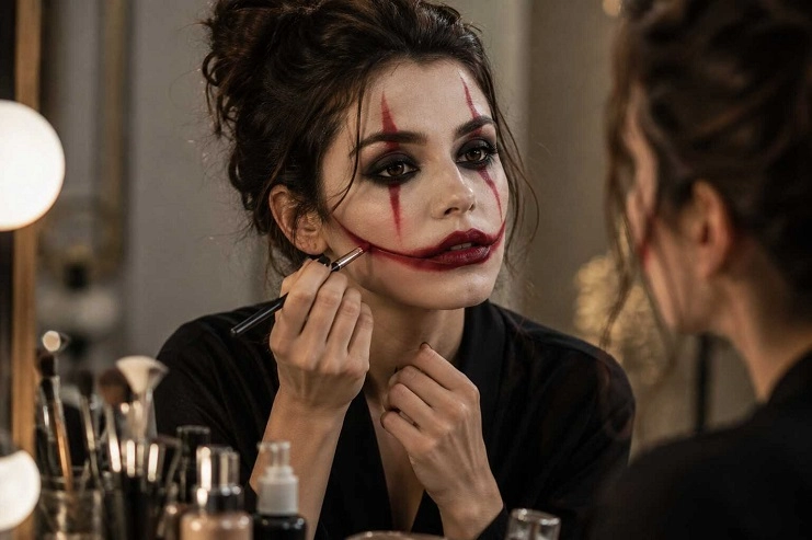 Mulher se olha no espelho e aplica batom vermelho estendendo o sorriso de palhaço com um pincel.