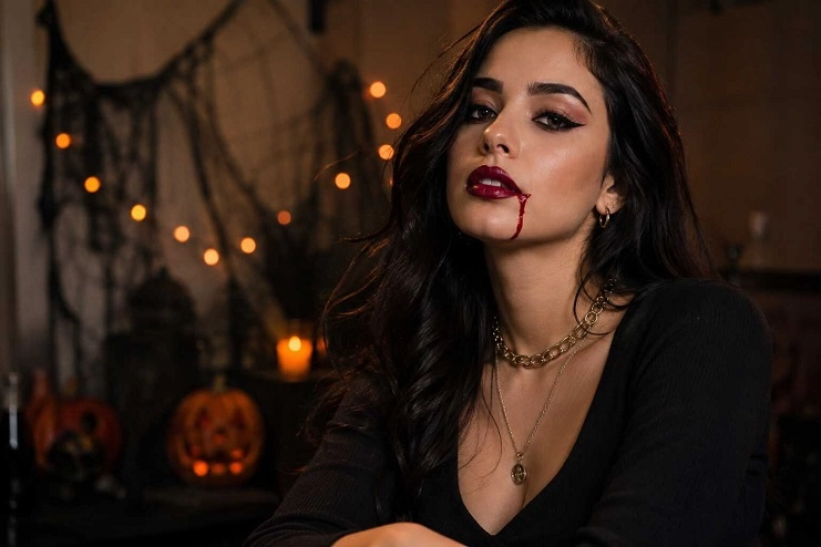 Mulher com maquiagem de vampira, batom vermelho escuro e sangue falso escorrendo.