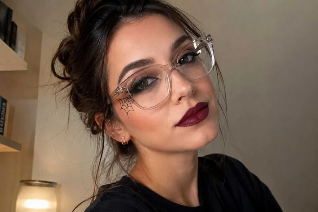 Mulher de óculos transparentes com maquiagem gótica, batom vinho e desenho de teia de aranha no rosto.