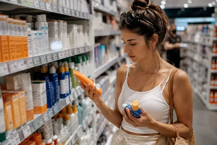 Mulher de blusa branca analisa embalagem de protetor solar laranja em corredor de farmácia com prateleiras cheias.