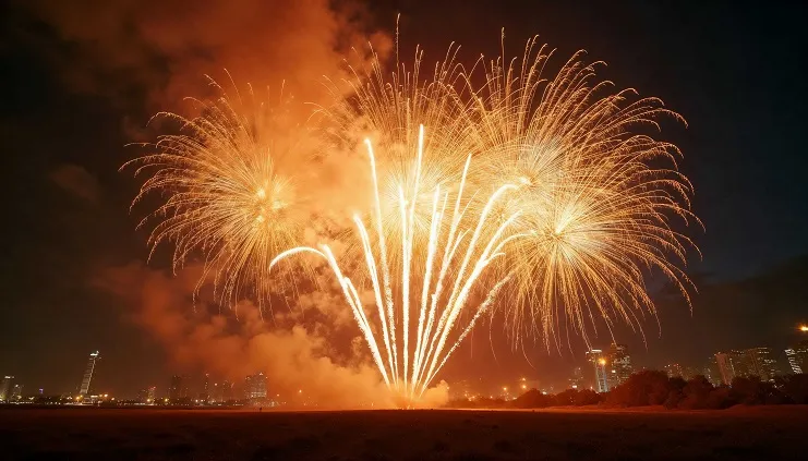 c68212d3 stunning golden fireworks night Fogos de artifício dourados explodindo no céu noturno sobre a silhueta iluminada de prédios de uma cidade.