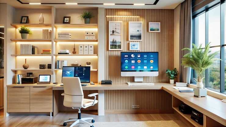 Escritório moderno com decoração minimalista e tecnologia.