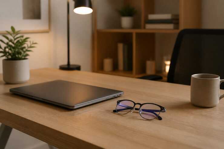 Mesa de escritório com laptop e objetos de trabalho.