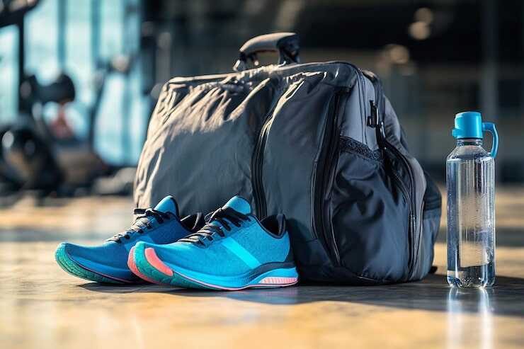 Tênis de corrida azul ao lado de mochila e garrafa.